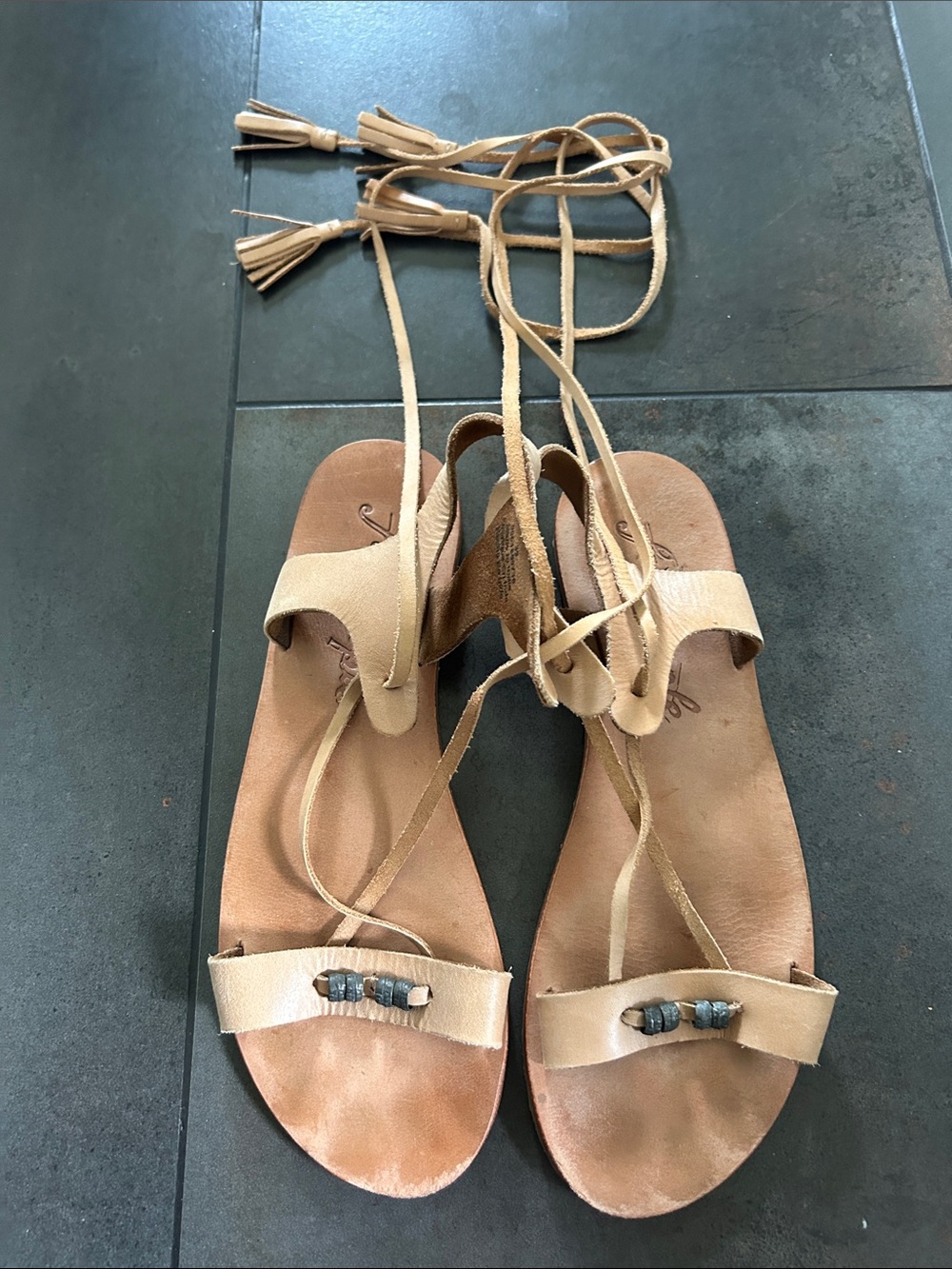 Free People Tan Lace-Up Leather Sandals with Tassel Ties